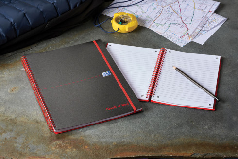 A5 BLACK N/' RED TWIN WIRO NOTEBOOK WITH SOFT GLOSSY COVER /& 100 RULED PAGES.