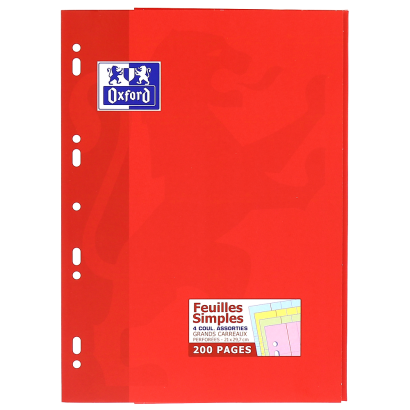 OXFORD CLASSIQUE FEUILLES SIMPLES - A4 - Etui protecteur  - Grands carreaux Seyès - 200 pages perforées - 4 couleurs assorties - 100105449_1100_1686097059