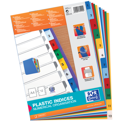 OXFORD Intercalaires couleurs plastique - A4 - 12 onglets - Imprimé 1-12 - 11 Trous - Assortis - 100204769_1101_1709207159