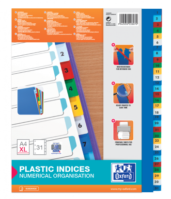 OXFORD Intercalaires couleurs plastique - A4+ - 31 onglets - Imprimé 1-31 - 11 Trous - Assortis - 100204822_1100_1586858273
