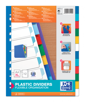 OXFORD intercalaires couleurs plastique - A4 XL - 12 onglets - non imprimé - 11 trous - assortis - 100205086_1101_1586515080