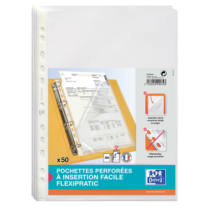 OXFORD FLEXIPRATIC PUNCHED POCKETS - Bag of 50 - A4 - Side opening - Polypropylene - 50µ - Smooth - Clear - 100206906_1100_1686182206