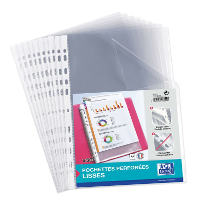 OXFORD PUNCHED POCKETS - Bag of 50 - A4 - Polypropylene - 50µ - Smooth - Clear - 100206909_1100_1677234081