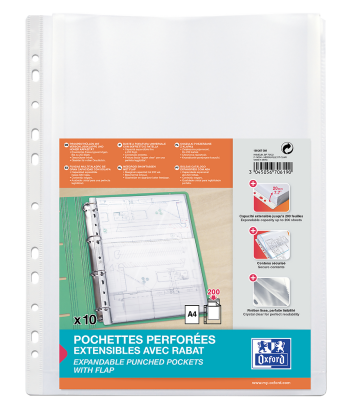 OXFORD EXPANDABLE PUNCHED POCKETS - Bag of 10 - A4 - W/ flap - Polypropylene - 200µ - Smooth - Clear - 100207008_1200_1686129767