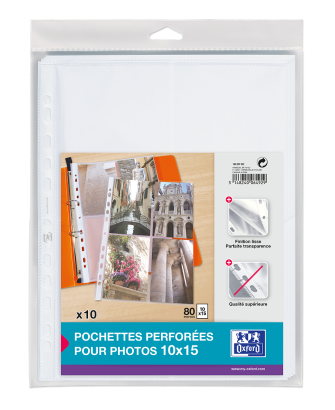 OXFORD PUNCHED POCKETS - Bag of 10 - A4 - 8 photos 10X15 - Polypropylene - 90µ - Smooth - Clear - 100207022_3100_1686123568