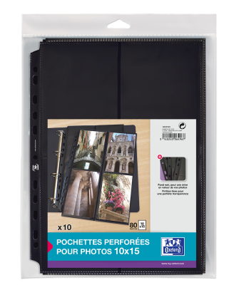 OXFORD PUNCHED POCKETS - Bag of 10 - A4 - 8 photos 10X15 - Polypropylene - 90µ - Smooth - Black - 100207023_3100_1686123572