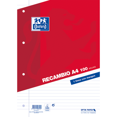 OXFORD CLASSIC Recambio - A4 - Paquete hojas sueltas - 1 Línea con margen - 100 Hojas - ROJO - 100430210_1100_1686200419