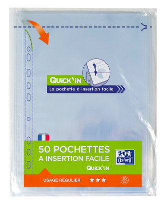 OXFORD Quick'in PUNCHED POCKET - Bag of 50 - A4 - Polypropylene - 50µm - Smooth - Clear - 400008916_1100_1686165482