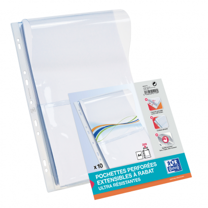 OXFORD EXPANDABLE PUNCHED POCKETS - Bag of 10 - A4 - W/ flap - PVC - 300µ - Smooth - Clear - 400026719_1100_1611072892