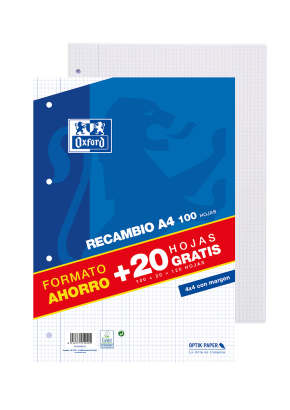 OXFORD CLASSIC Recambio - A4 - Paquete hojas sueltas - 4x4 con margen - 100 + 20 Hojas gratis - AZUL - 400058179_1100_1686167830