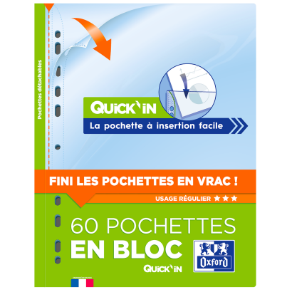 OXFORD Quick'in PUNCHED POCKETS - Pad of 60 - A4 - Polypropylene - 50µm - Smooth - Clear - 400082625_1100_1710328118
