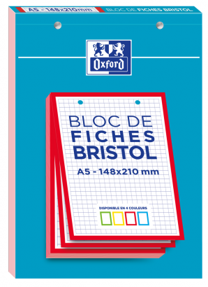 OXFORD FICHES BRISTOL  - A5 - Bloc couverture carte - Perforées - Petits carreaux 5x5mm - 30 fiches - Cadre Rouge - 400100519_1100_1638443141