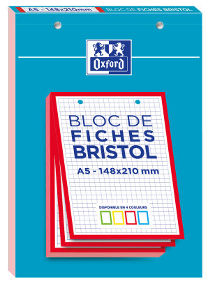 OXFORD FICHES BRISTOL  - A5 - Bloc couverture carte - Perforées - Petits carreaux 5x5mm - 30 fiches - Cadre Rouge - Compatibles Scribzee - 400100519_1100_1686159091