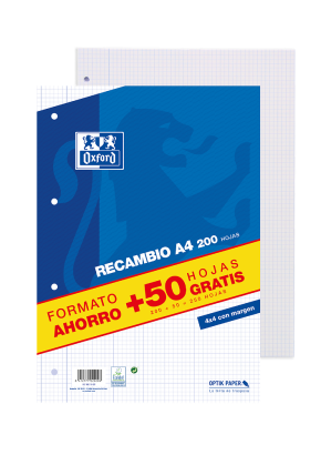 OXFORD CLASSIC Recambio - A4 - Paquete hojas sueltas - 4x4 con margen - 200 + 50 Hojas gratis - AZUL - 400119437_1100_1686163748