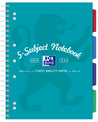 OXFORD 5 SUBJECT NOTEBOOK - A4+ - Laminated Board Cover - Twin Wire - 200 pages- 4 removeable PP Dividers - 400128544_1100_1686092224