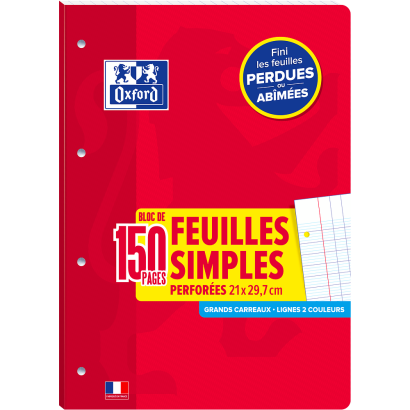OXFORD FEUILLES SIMPLES DETACHABLES - A4 - couverture carte - Grands carreaux Seyès - 150 pages perforées - 400131798_1101_1709205576