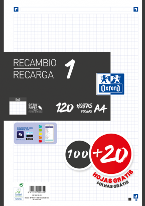 OXFORD CLASSIC Recambio 1 Color - A4 - Recambio paquete - 5x5 - 120 Hojas - SCRIBZEE - NEGRO - 400158165_1100_1642668336