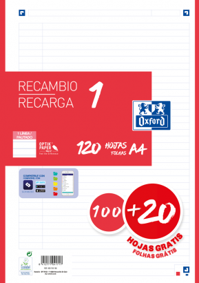OXFORD CLASSIC Recambio 1 Color - A4 - Recambio paquete - 1 Línea - 120 Hojas - SCRIBZEE - ROJO - 400158166_1100_1642668385