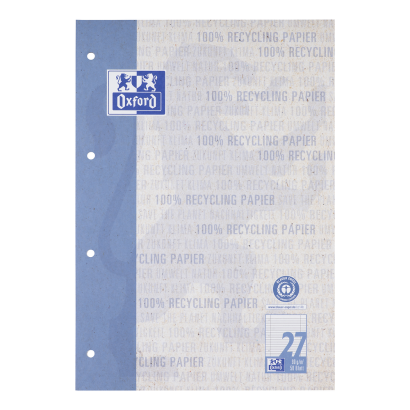 Oxford Recycling Schulblock - A4 - Lineatur 27 (liniert mit Rand links und rechts) - 50 Blatt - 90 g/m² OPTIK PAPER® 100% recycled - 4-fach gelocht - kopfgeleimt - stabile Kartonunterlage - blau - 400159592_1100_1685151429