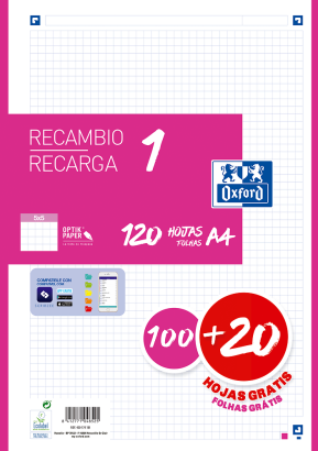 OXFORD CLASSIC Recambio 1 Color - A4 - Recambio paquete - 5x5 - 120 Hojas - SCRIBZEE - FUCSIA - 400174181_1100_1686211212
